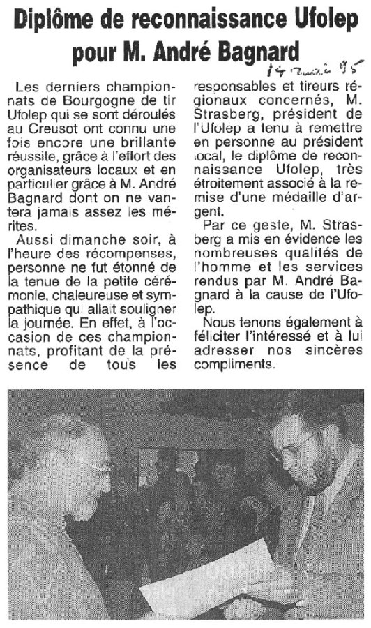Diplôme de reconnaissance Ufolep pour M. André Bagnard Le Journal de Saône et Loire le 14 mai 1995
